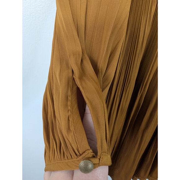 Maeve Anthropologie Saniya Pleated Long Sleeve Mini Dress in Gold - Picture 6 of 11